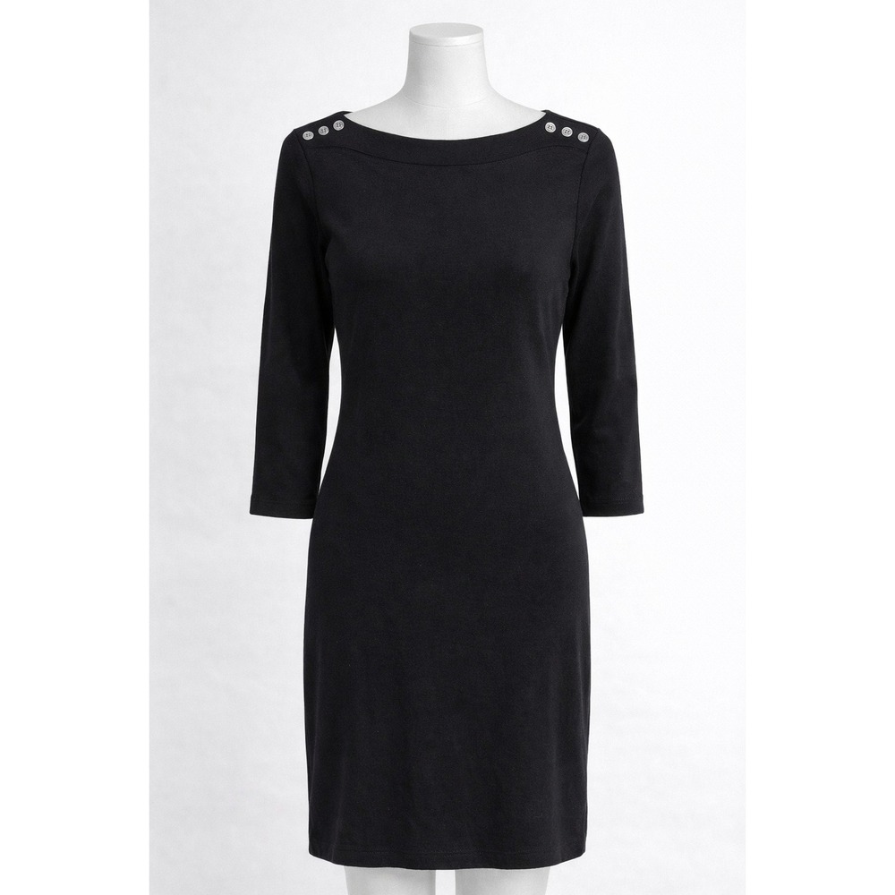 Karen Scott Sport Dress Womens PP Black Boat Neck Button Shoulder 3/4 Sleeve NEW